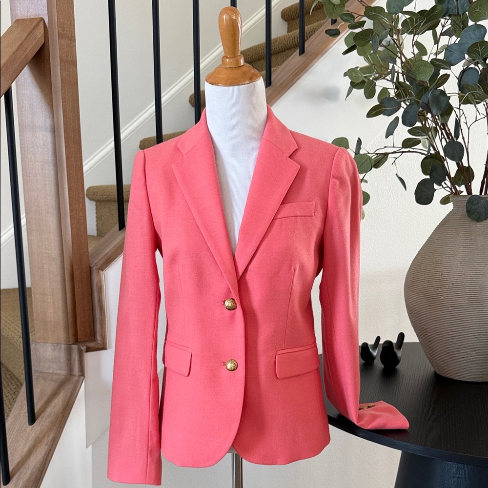J. Crew Women's Schoolboy Coral Pink Wool Blazer with Gold Buttons Sz 2